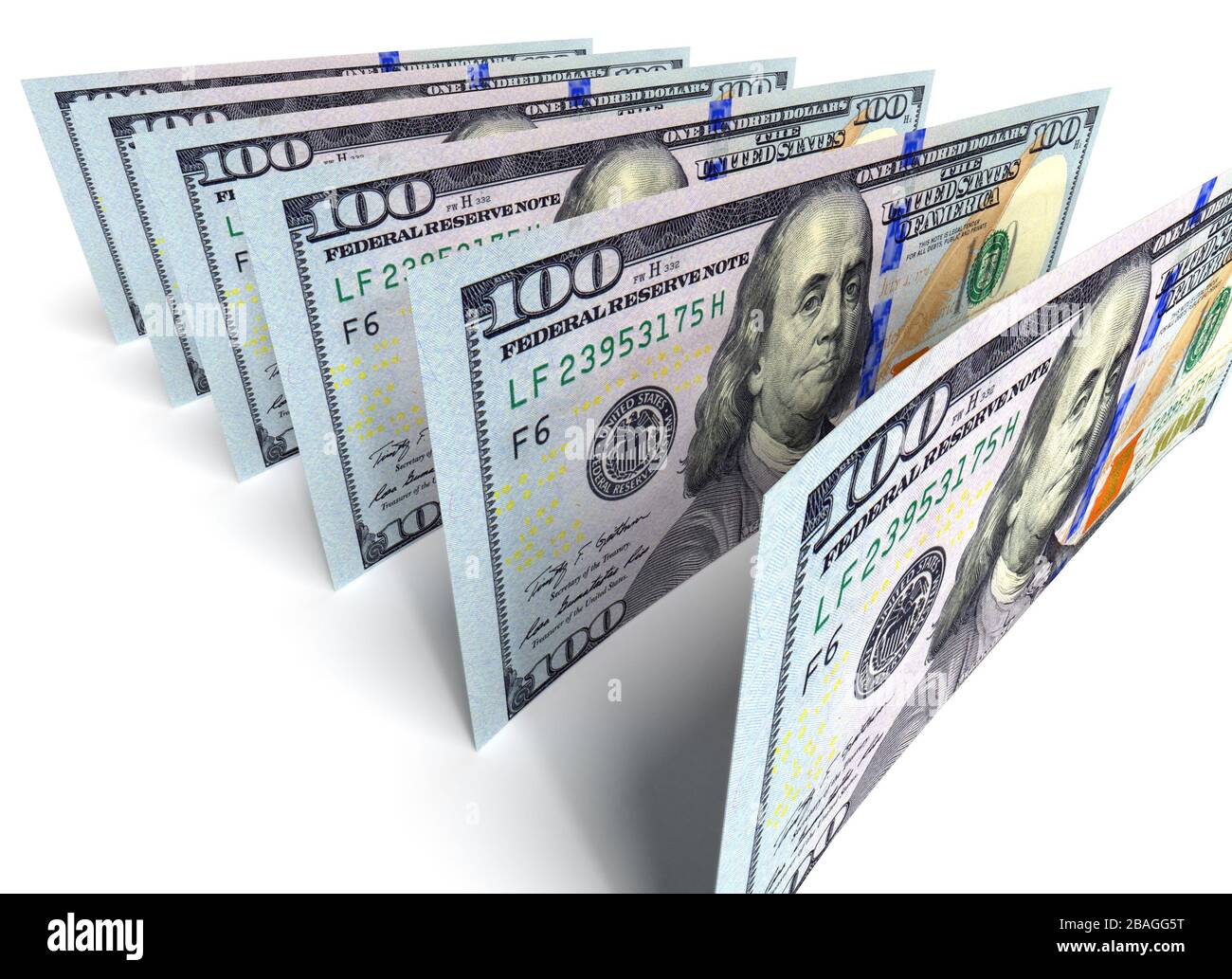 Geld amerikanische Dollar isoliert auf weißem Hintergrund. Geschäfts- und Finanzkonzepte. Stockfoto
