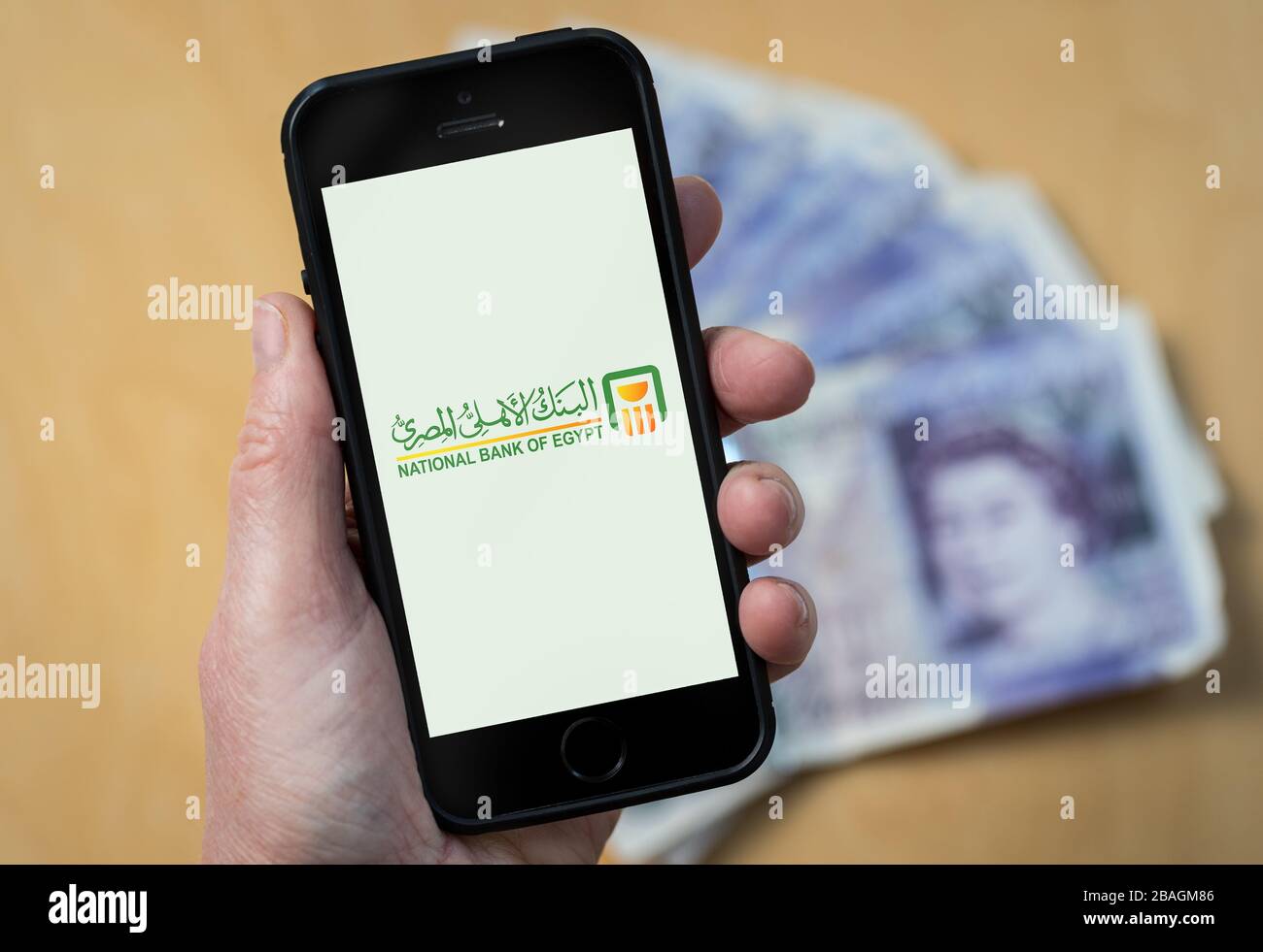 Eine Frau, die das Logo der Nationalbank von Ägypten auf einem Mobiltelefon betrachtet. (Nur redaktionelle Verwendung) Stockfoto