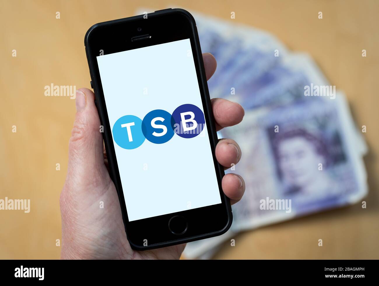 Eine Frau, die das Logo der TSB Bank auf einem Mobiltelefon betrachtet. (Nur redaktionelle Verwendung) Stockfoto