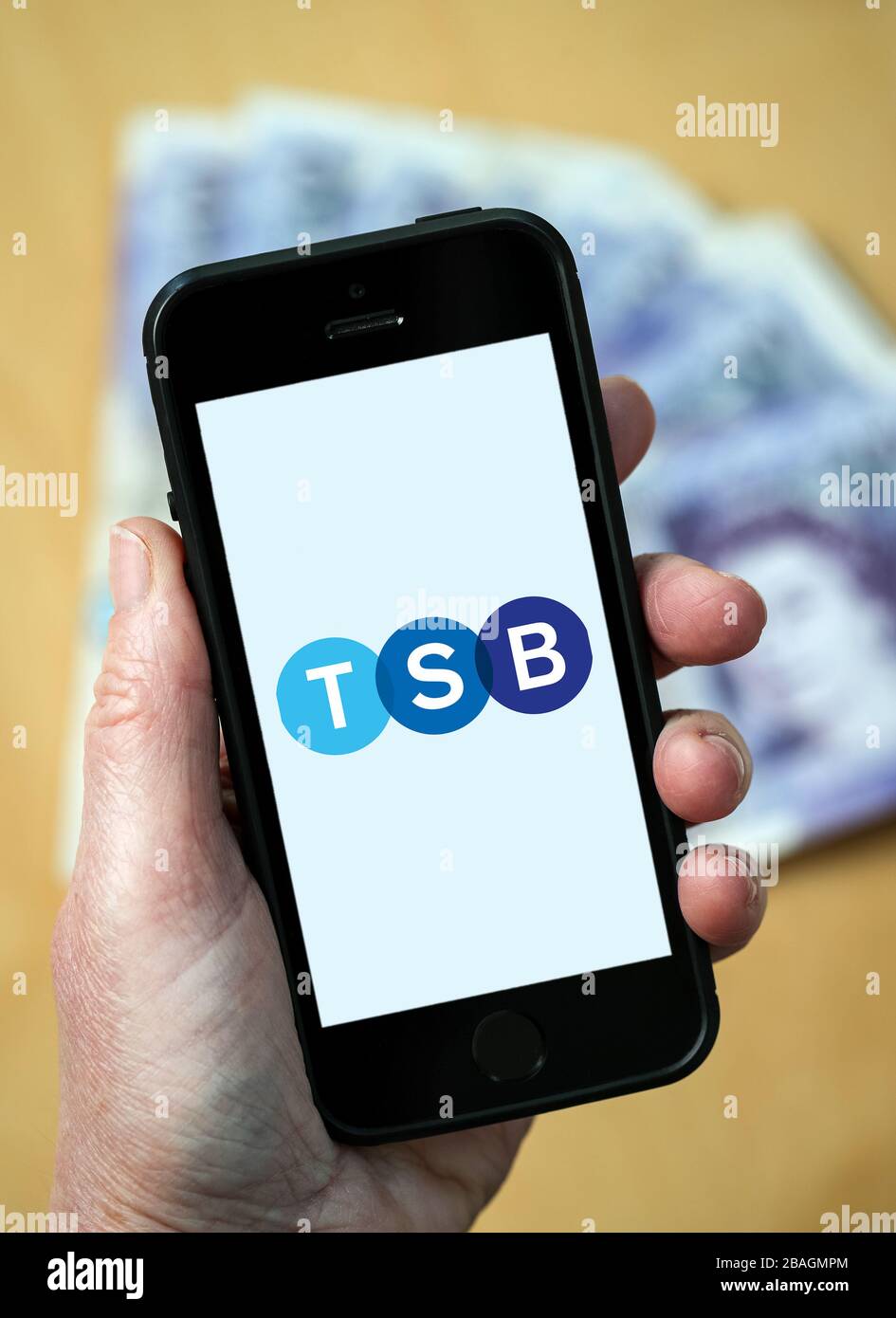 Eine Frau, die das Logo der TSB Bank auf einem Mobiltelefon betrachtet. (Nur redaktionelle Verwendung) Stockfoto