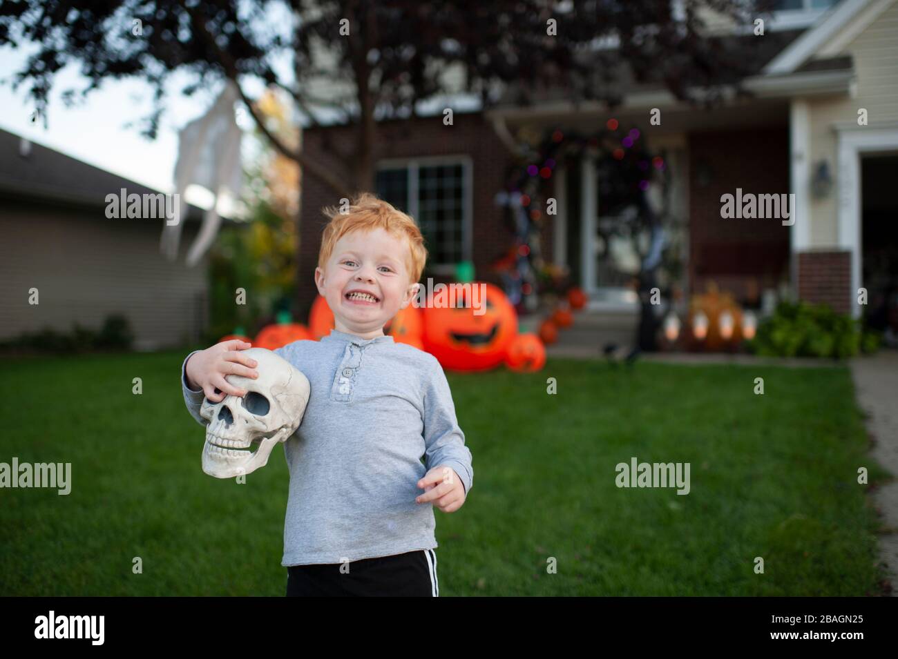 Kleinkind Junge aufgeregt über das Halten Schädel vor Halloween-Dekor Stockfoto