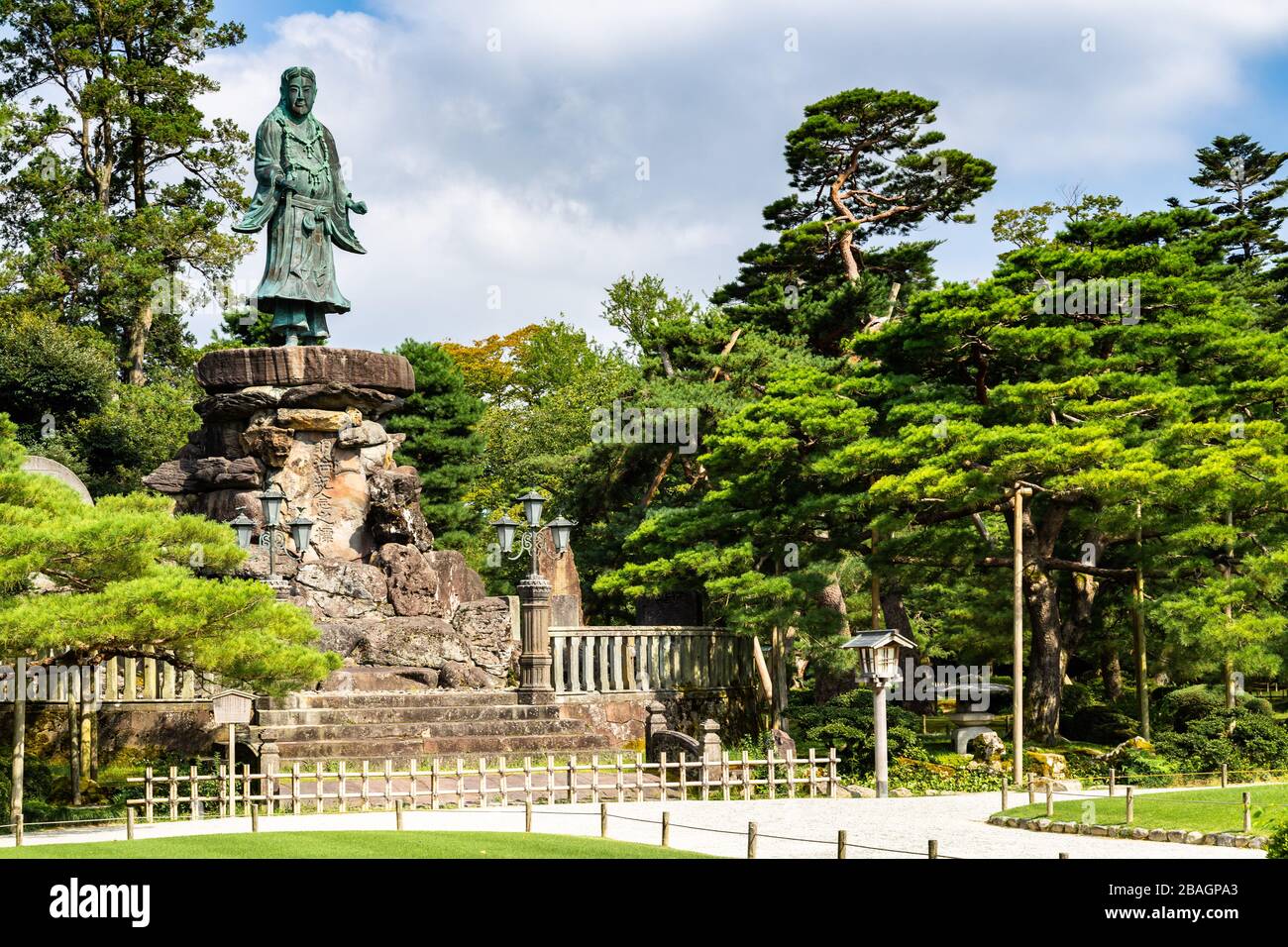Statue des Fürsten Yamato Takeru im Kenroku-en Garden, Kanazawa, Japan Stockfoto