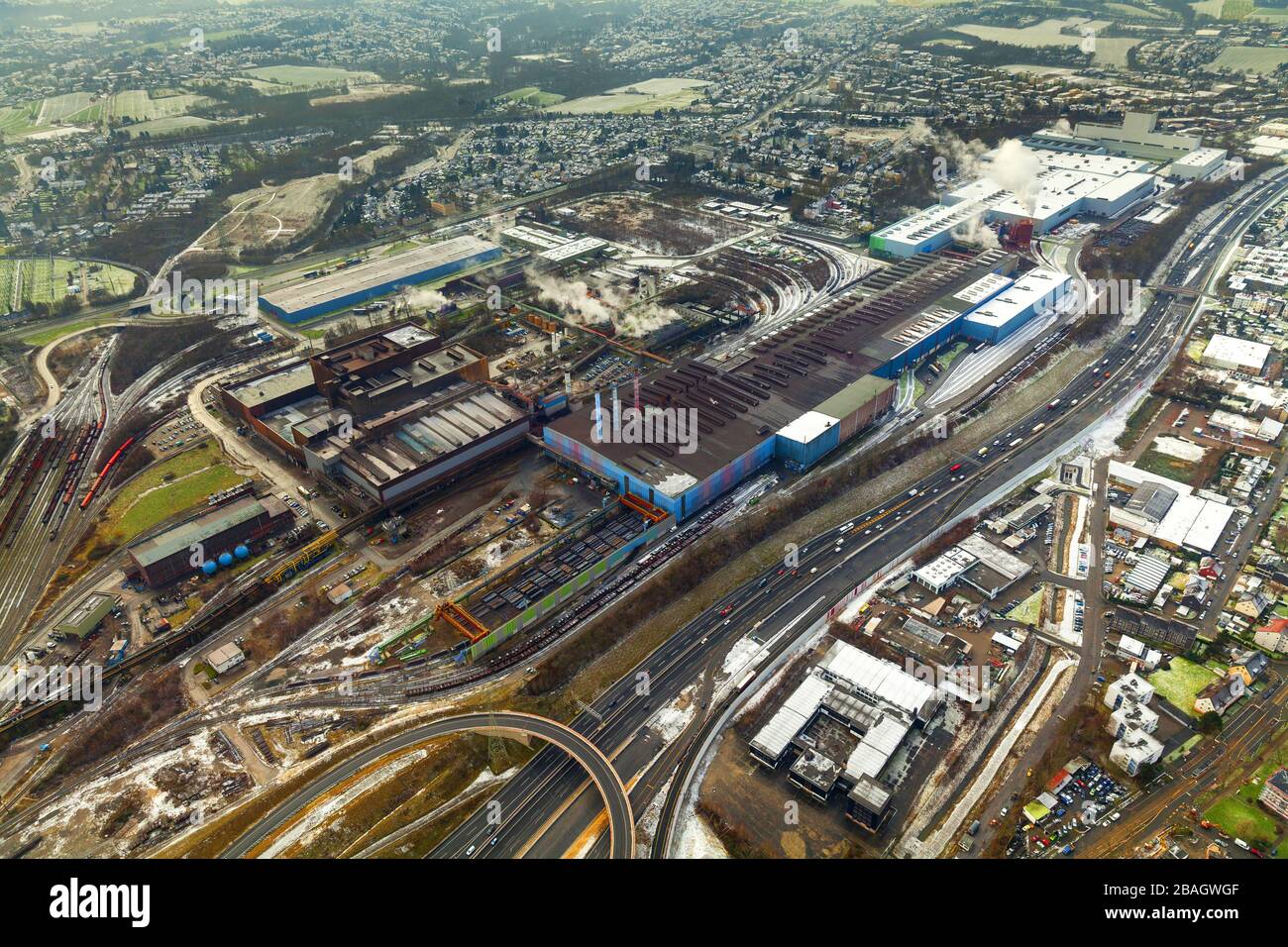 Industriegelände von ThyssenKrupp Steel in Bochum zwischen Autobahn A40 und Essener Straße, 04.02.2015, Luftaufnahme, Deutschland, Nordrhein-Westfalen, Ruhrgebiet, Bochum Stockfoto