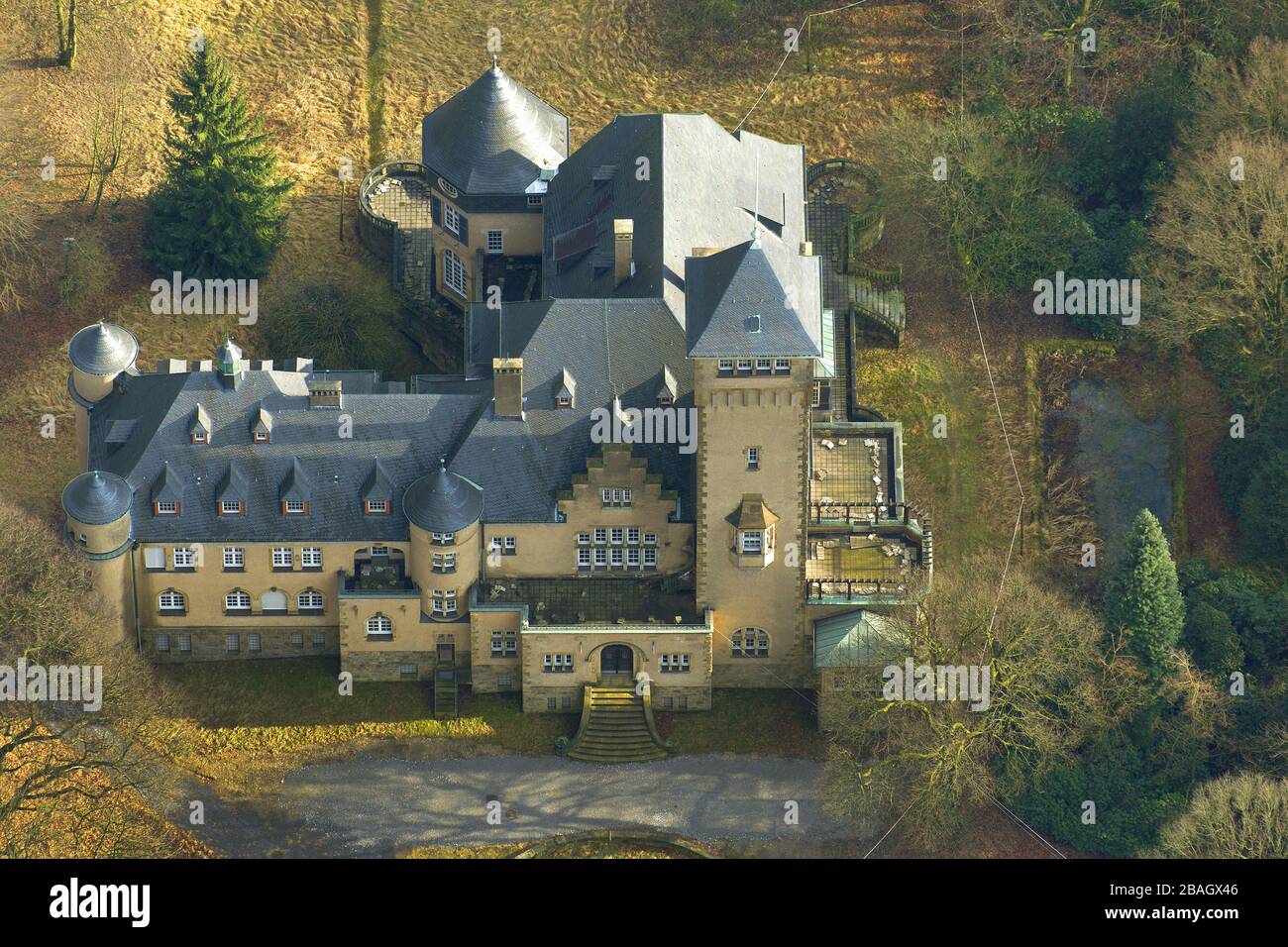 schlossähnliches Gutshaus Villa Hartenfels im Stadtwald Duisburg, 20.02.2012, Luftbild, Deutschland, Nordrhein-Westfalen, Ruhrgebiet, Duisburg Stockfoto