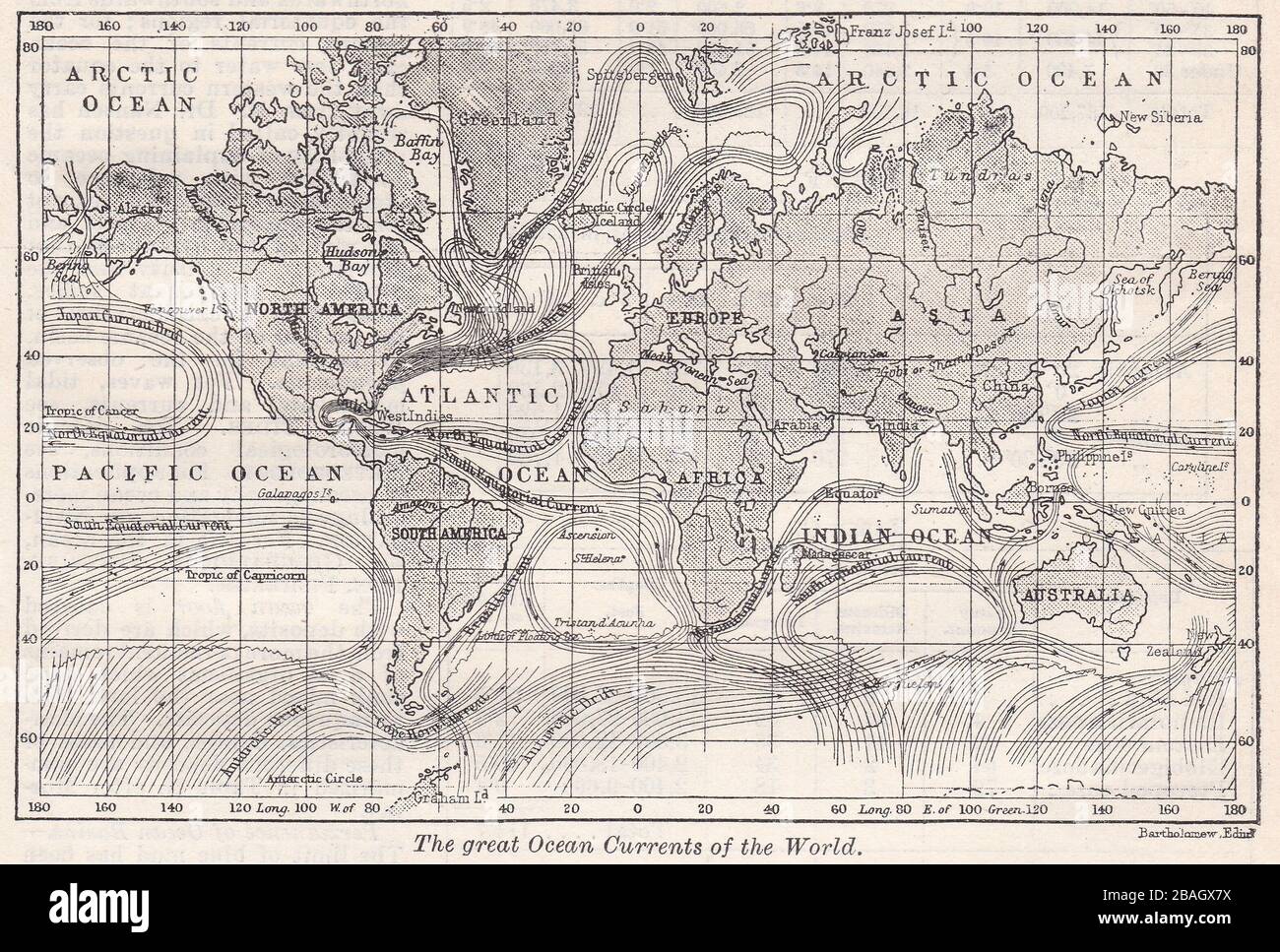 Jahrgangskarte der Great Ocean Currents of the World 1900s. Stockfoto