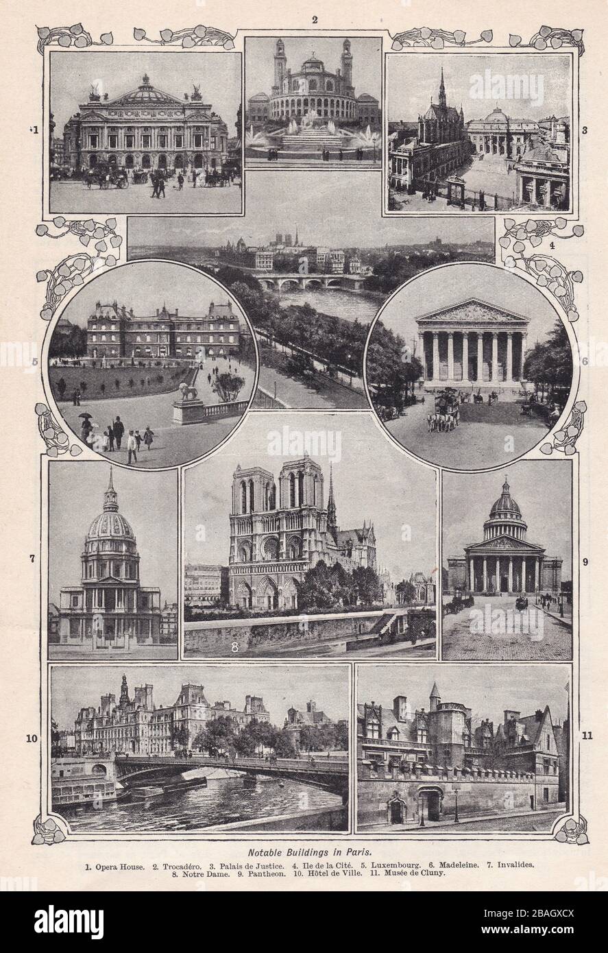 Klassische Schwarzweißfotos von bemerkenswerten Gebäuden in Paris 1900s. Stockfoto