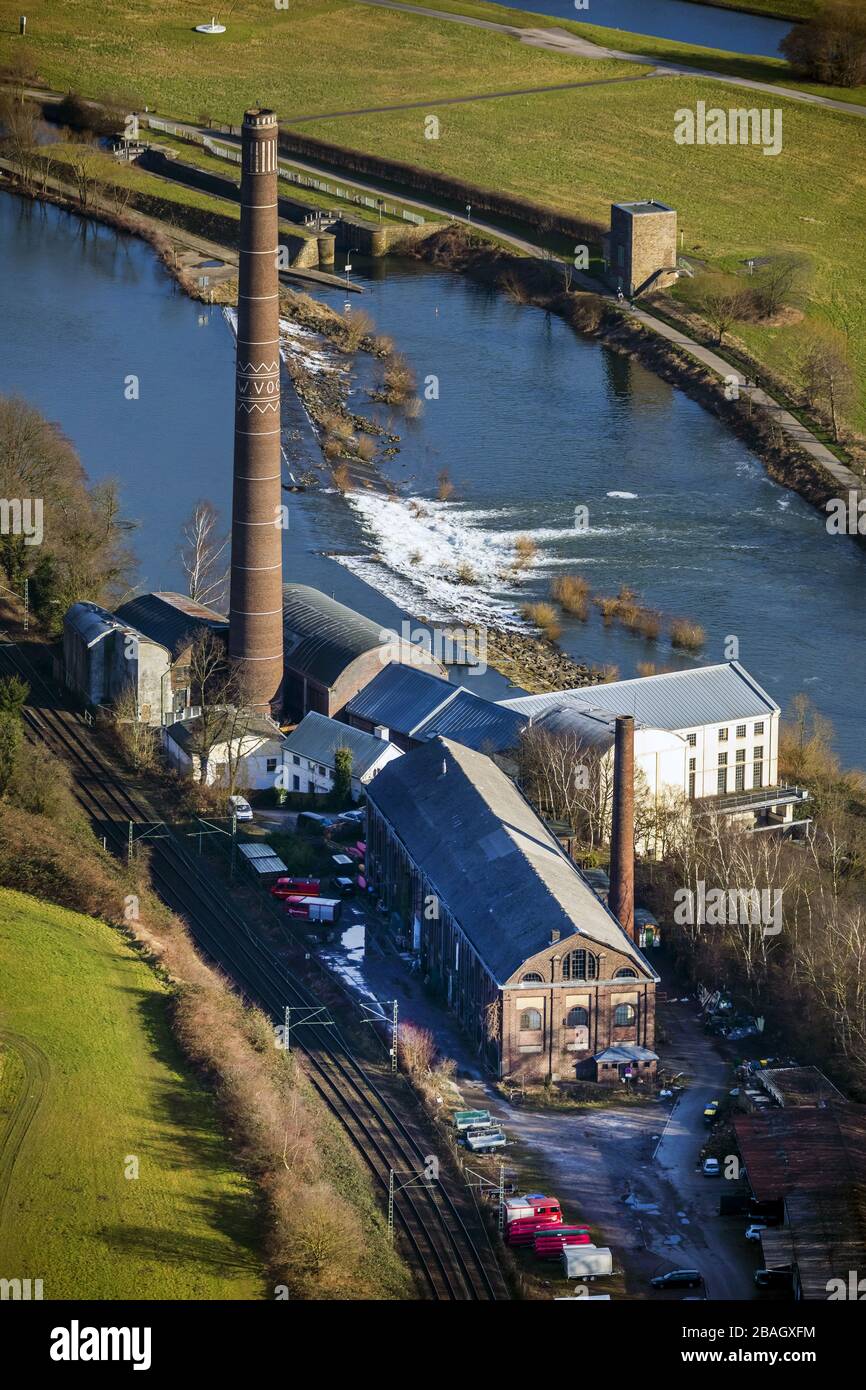 , Wasserkraftwerk Horster Mühle, Horster Mühle, an der Ruhr in Essen, 28.02.2015, Luftaufnahme, Deutschland, Nordrhein-Westfalen, Ruhrgebiet, Essen Stockfoto