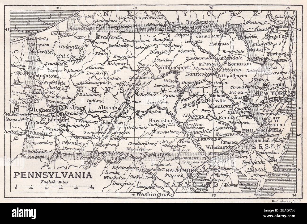 Karte von Pennsylvania 1900s. Stockfoto