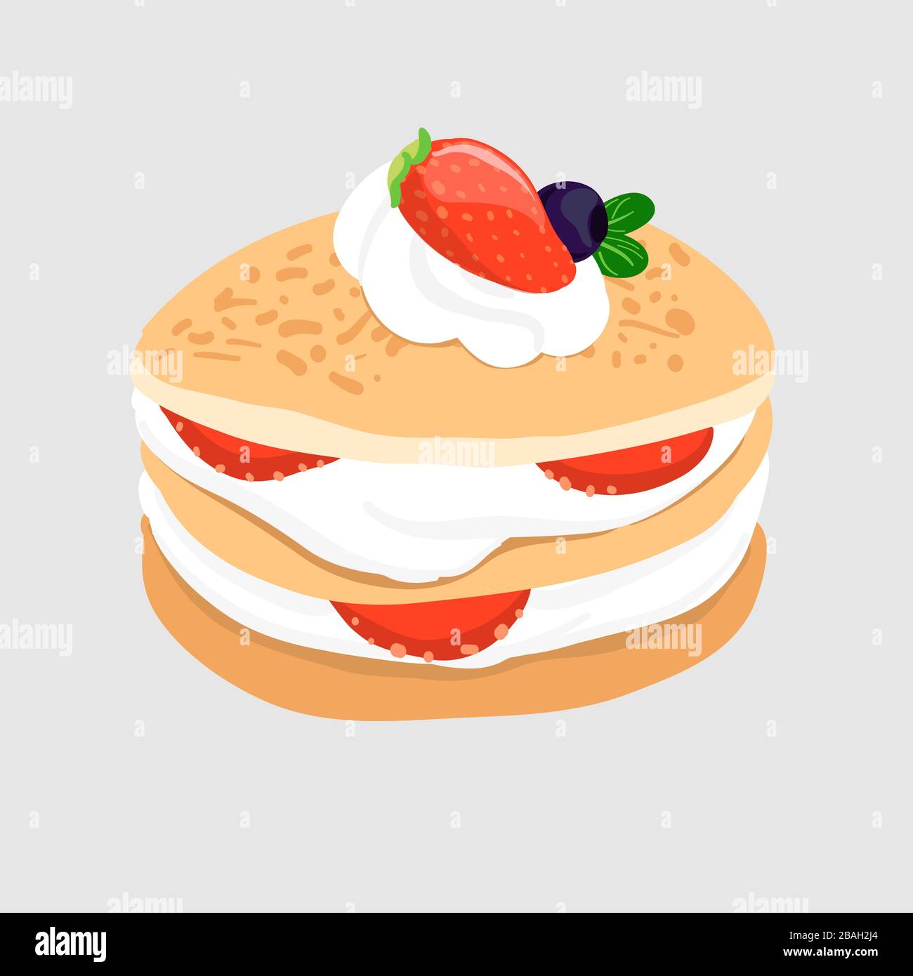 Pfannkuchen mit Sahne und Beeren, süße Dessertisolation auf grauem Hintergrund. Editierbar mit Ebenenvektor-Illustration. Stock Vektor