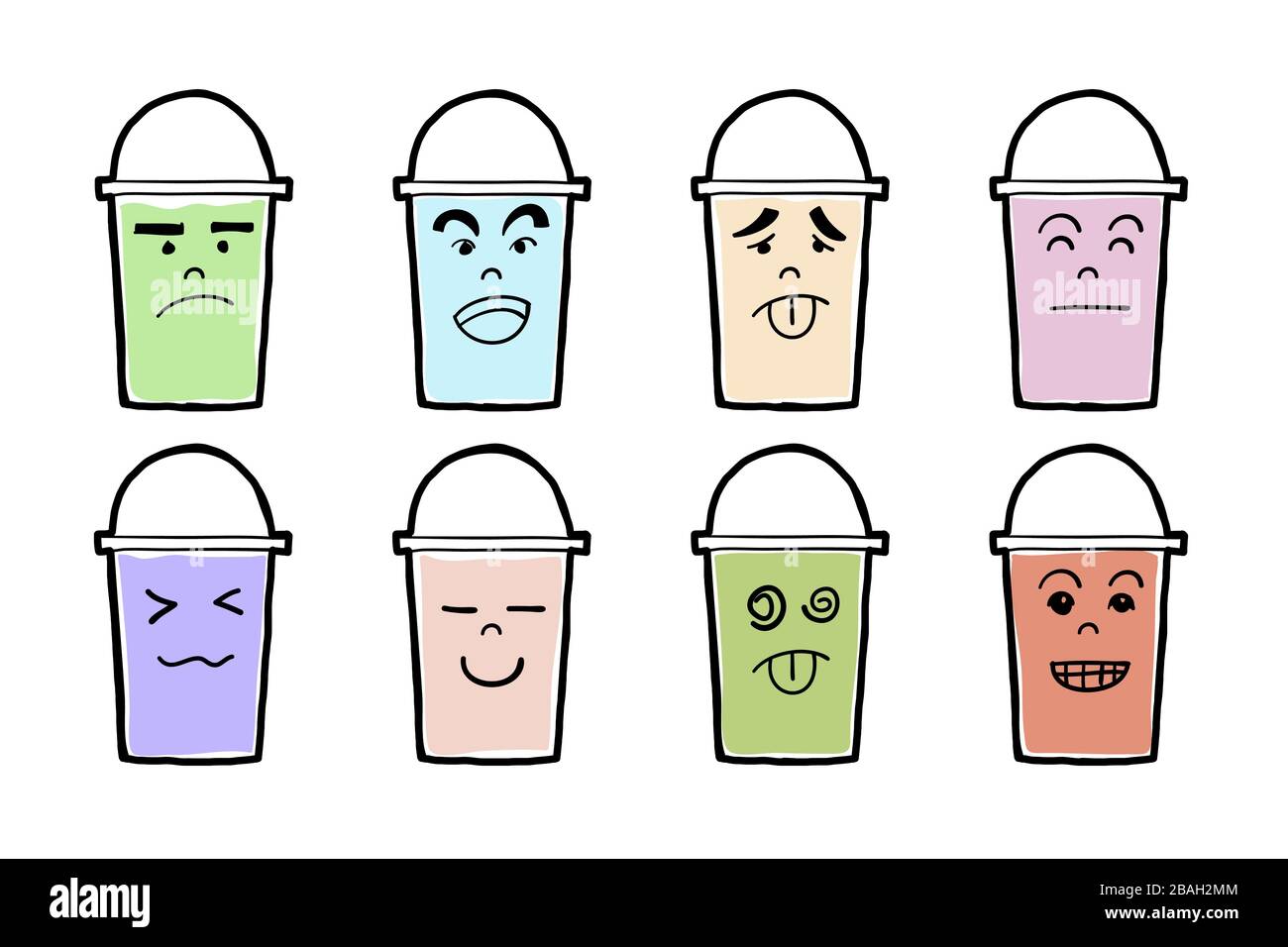 Verschiedene Eistrinkbecher als Saft oder Perltee. Helle Farben und Emotionen im Comic-Stil. Vektorgrafiken zeichnen. Stock Vektor