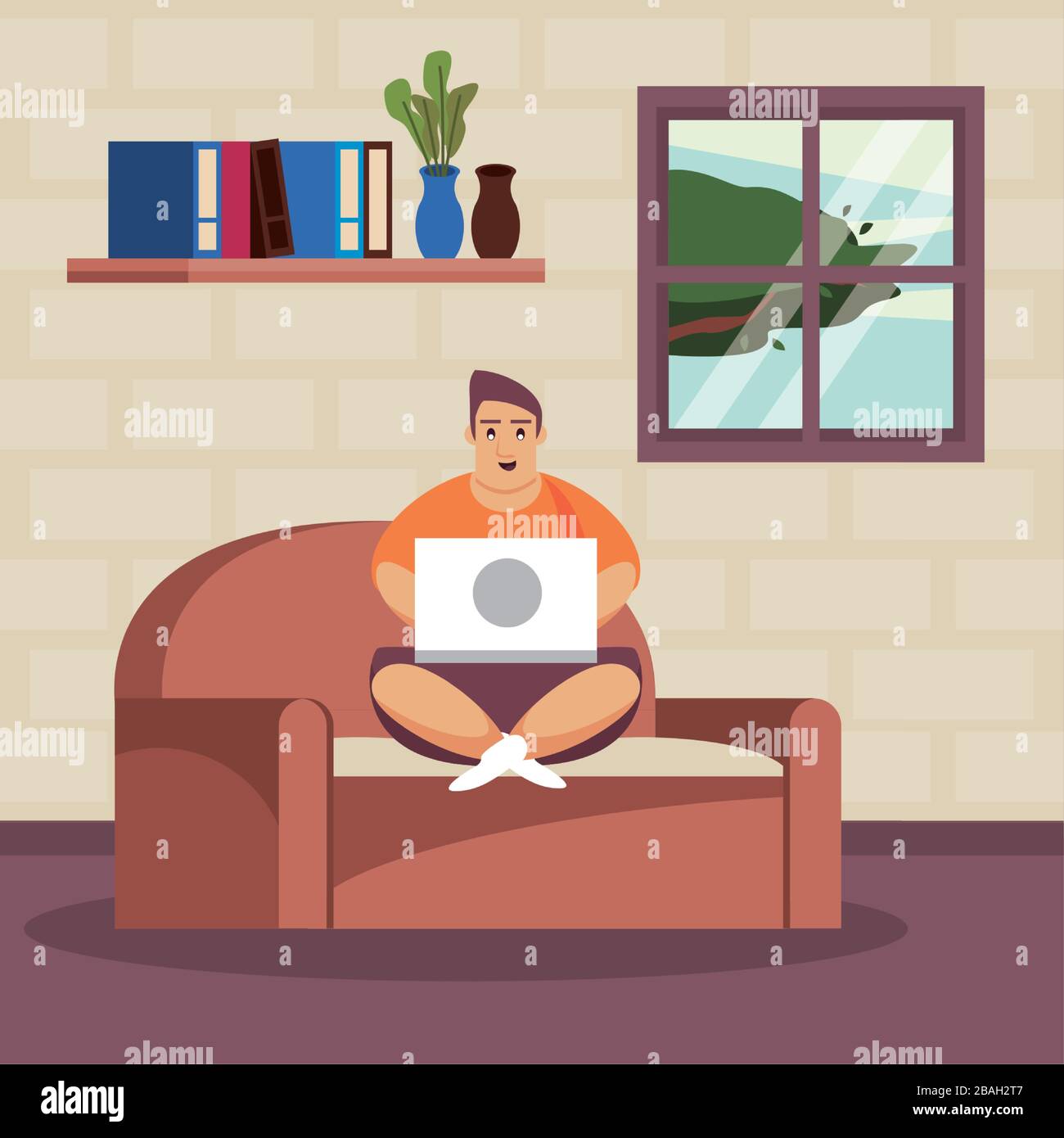 Mann mit Laptop im Wohnzimmer Stock Vektor