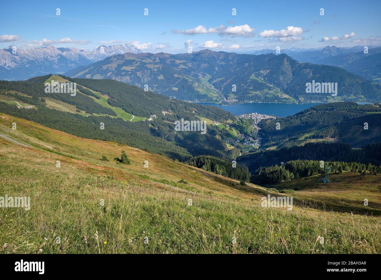 Blick über Wiese und Wald, von der Schmitthöhe, Österreich. Blick auf den Zeller See und die Stadt Zell am See. Stockfoto