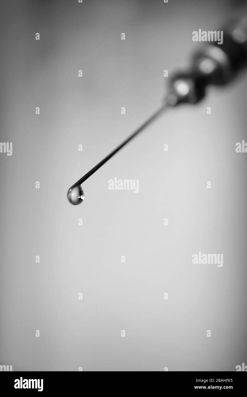 Spritze mit einem Tropfen Medizin, Makrofoto Stockfoto