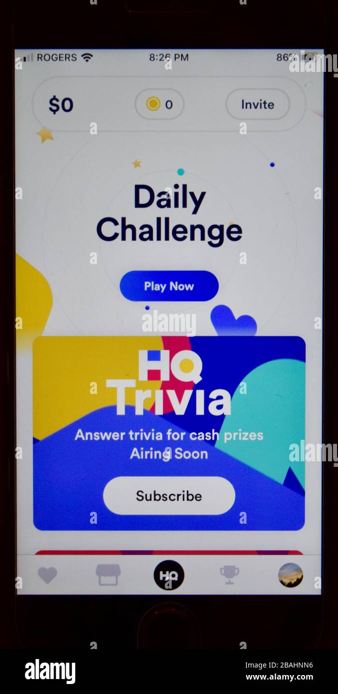 HQ Live Trivia Game Show - Startseite der HQ App Stockfoto