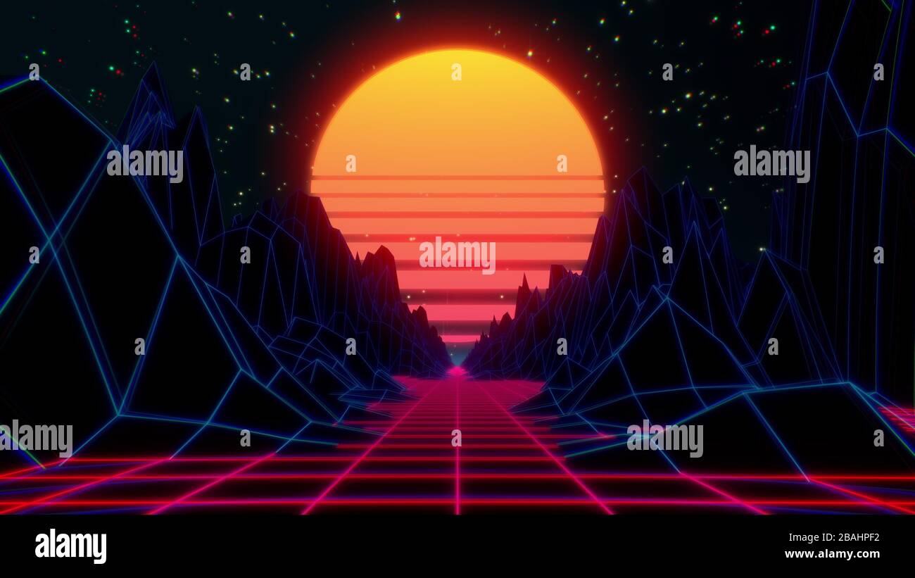 80er Jahre Retro futuristischer Sci-Fi-Hintergrund. VJ Videobame-Landschaft mit Neonlicht Stockfoto