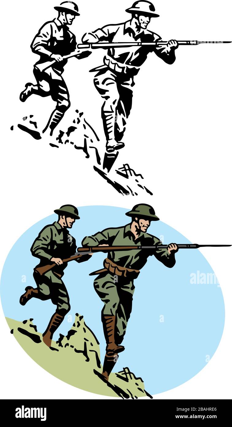 Eine Zeichnung von Soldaten der Armee aus der zweiten Kriegszeit, die mit ihren Gewehren in den Kampf geladen wurden. Stock Vektor