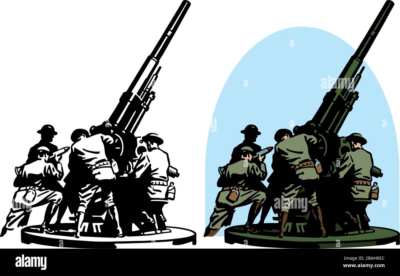 Eine Zeichnung einer Flugabwehrkanone aus der Zeit des zweiten Weltkriegs, die von Soldaten bemannt wurde. Stock Vektor
