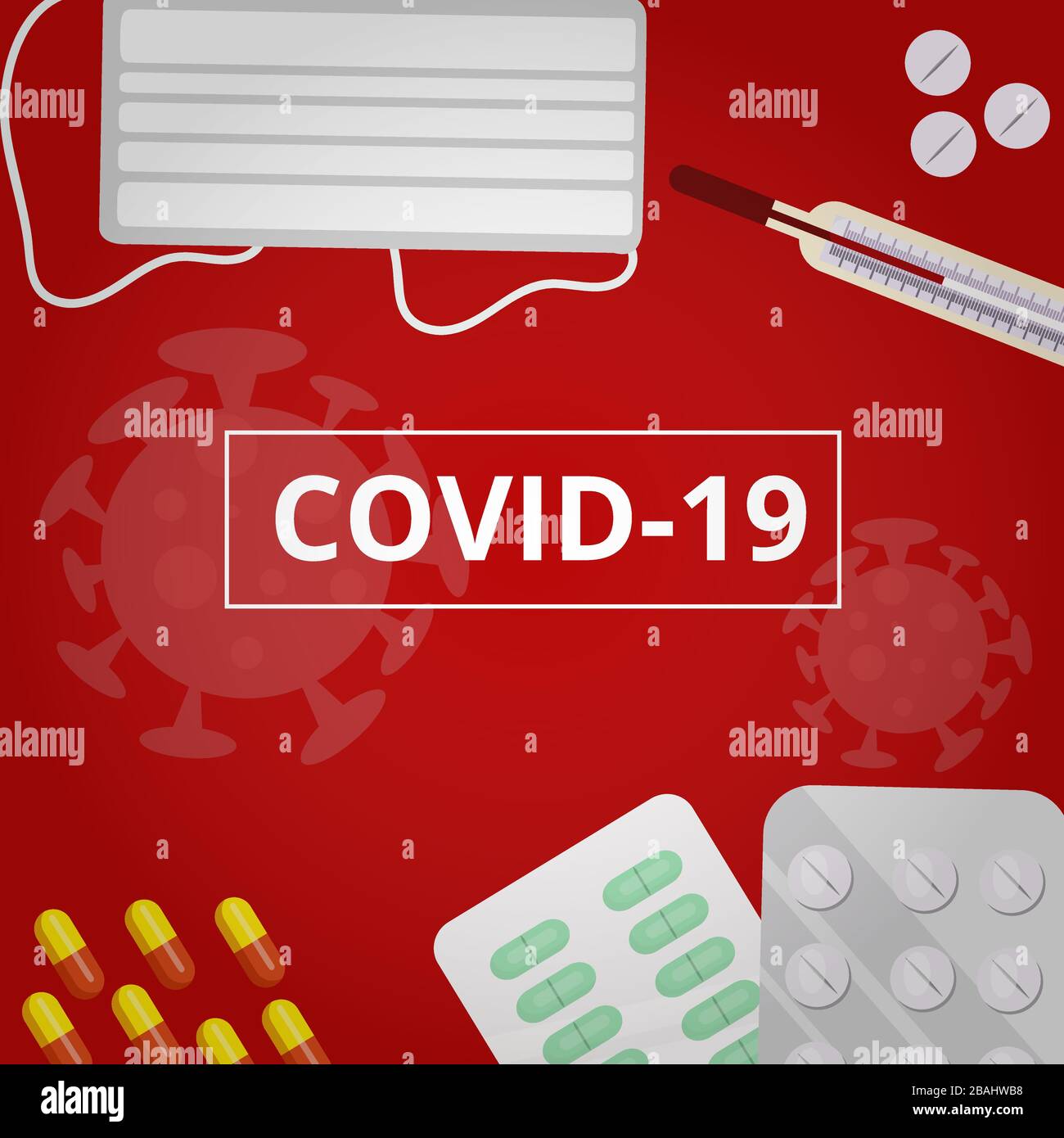 COVID-19 Corona-Virus. Medizinische Gesichtsmasken Thermometer Medikamentenkapsel roter Hintergrund Stock Vektor