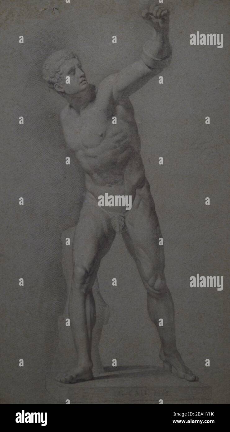 Giuseppe Cali (1846-1930). Artista italiano. Estudio academico del Gladiador Borghese (estatua clásica Griega). Lápiz, carbón y tiza sobre papel gris. Museo Nacional de Bellas Artes. La Valeta. Malta. Stockfoto
