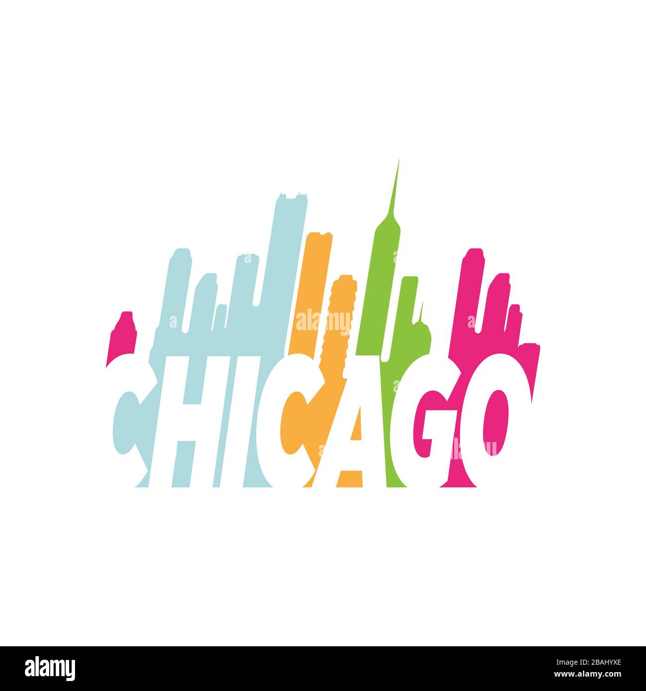 Farbenfrohes design mit Handbeschriftung in chicago in Kombination mit Vektorgrafiken in der Skyline von City Stock Vektor