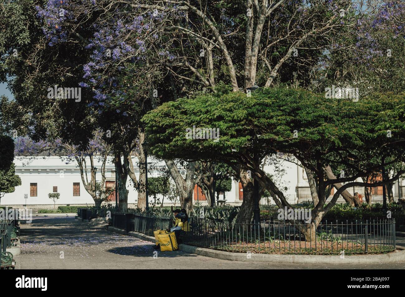 Leere Straßen während die Ausgangssperre im kolonialen Antigua Guatemala beginnt, einem beliebten Touristenziel, schlossen Unternehmen aufgrund einer pandemischen Quarantäne des Coronavirus Stockfoto Leere Straßen während die Ausgangssperre im kolonialen Antigua Guatemala beginnt, einem beliebten Touristenziel, schlossen Unternehmen aufgrund einer pandemischen Quarantäne des Coronavirus Stockfoto