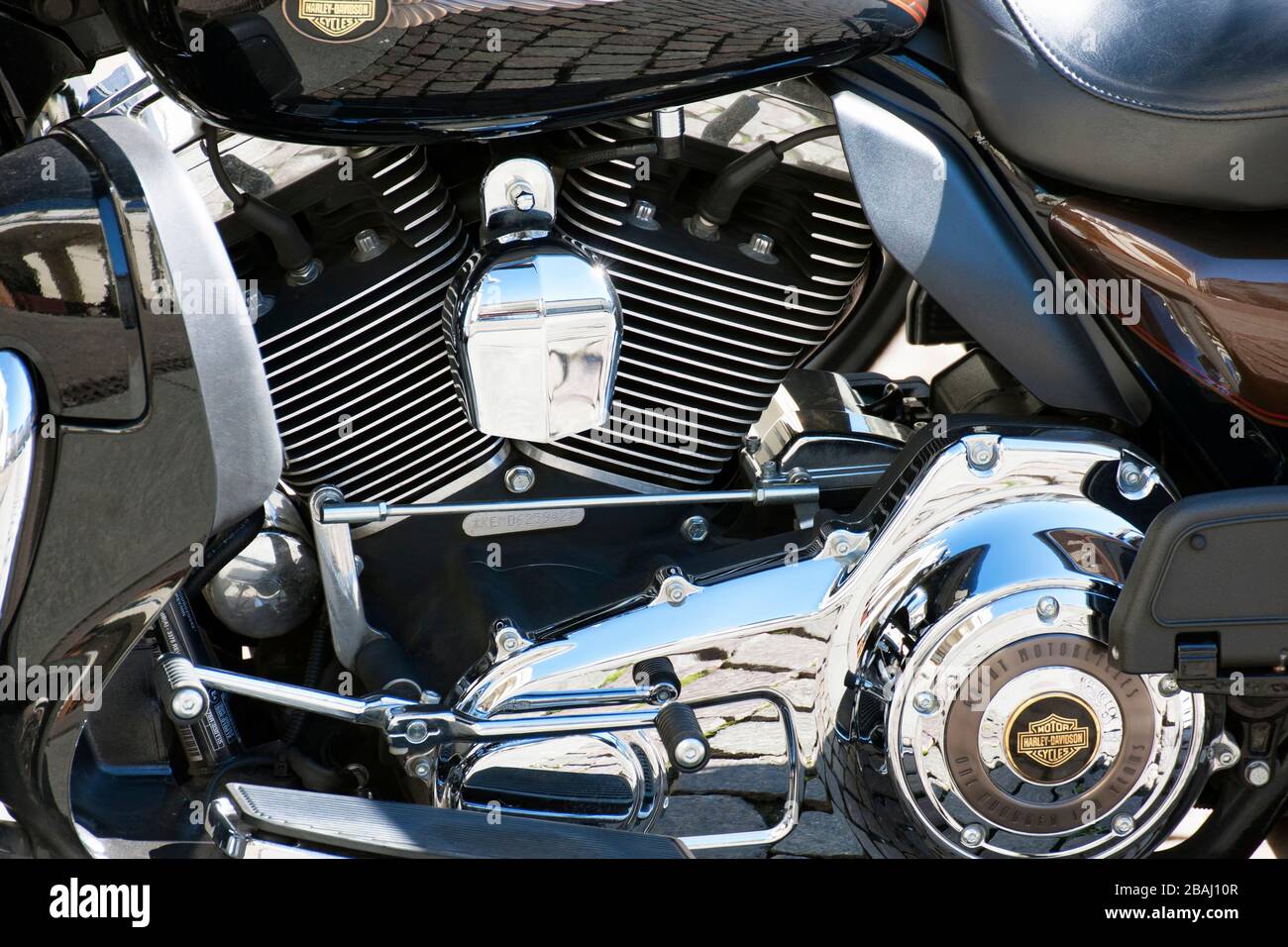 Turin, Italien - 02. März 2014: Nahaufnahme des wunderbaren Motors von Harley Davidson Fabelkraftrad, hergestellt von American Motorcycle Indust Stockfoto