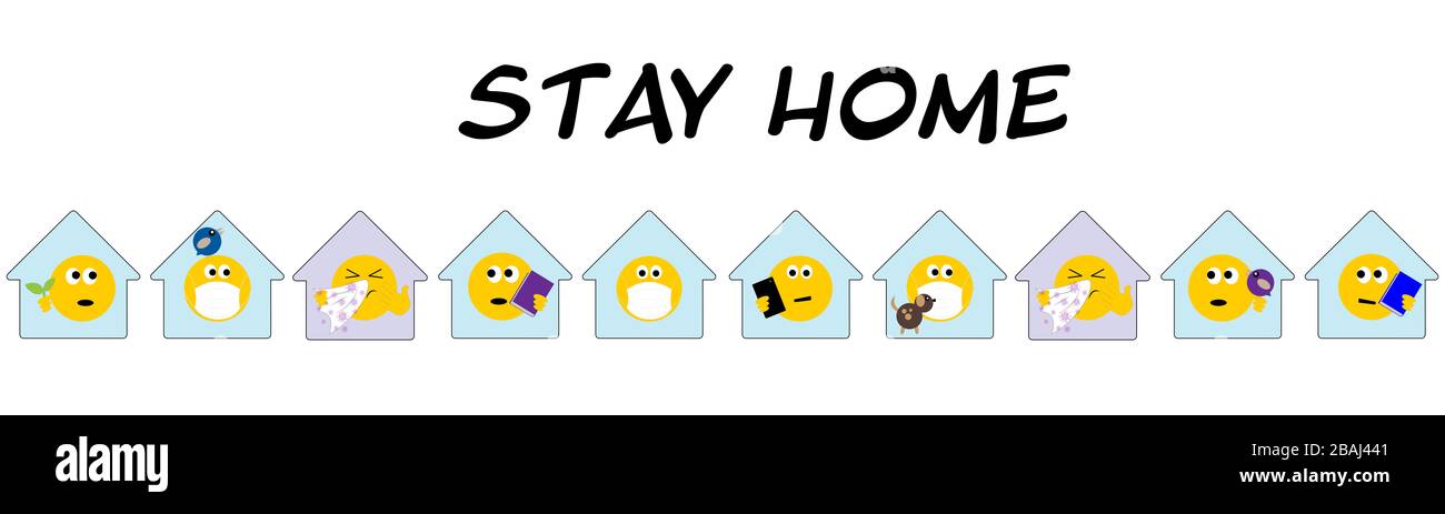 Eine Gruppe von Häusern mit Emojis, die zu Hause bleiben, Stay Home Text, Coronavirus, Covid19, Jugendkonzept Stockfoto