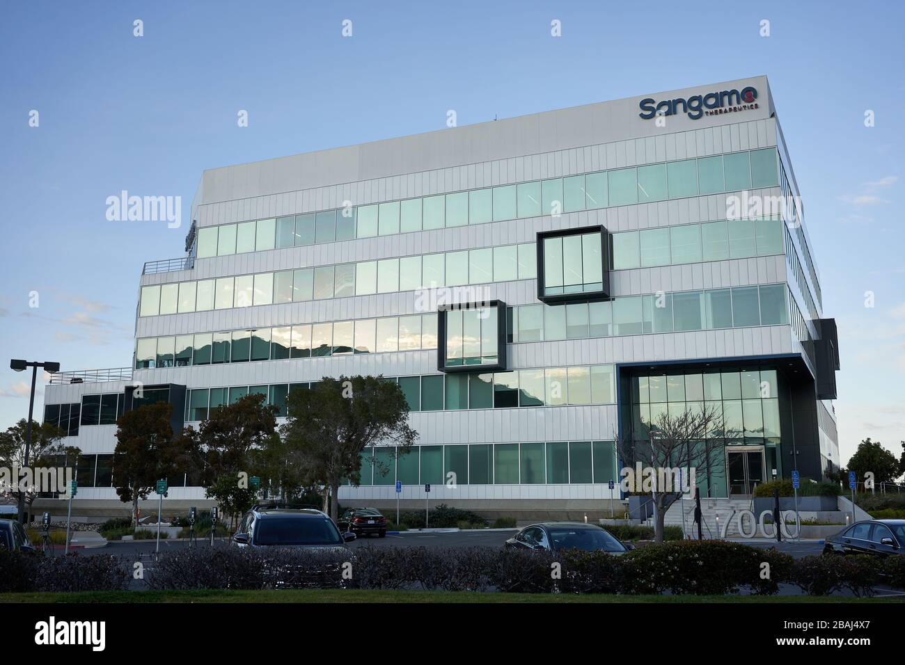 Das Büro des amerikanischen Biotechnologieunternehmens Sangamo Therapeutics Inc. In Brisbane, gesehen am 1. März 2020. Stockfoto
