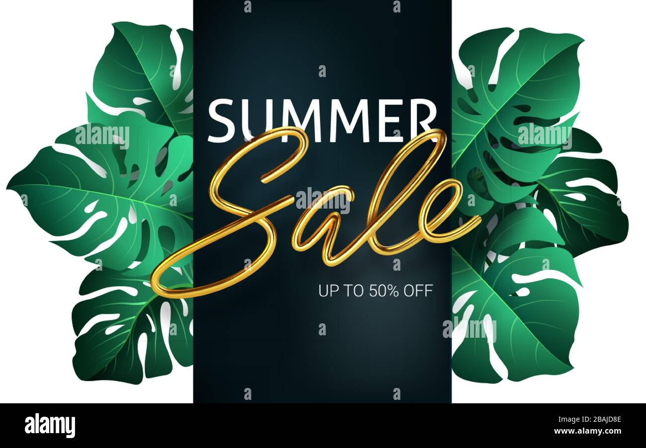 Hallo Sommer, Sommerzeit, Verkauf. Textplakat vor dem Hintergrund tropischer Pflanzen. Palmenblätter, Dschungelblatt und Goldschrift. Das Poster für Stock Vektor