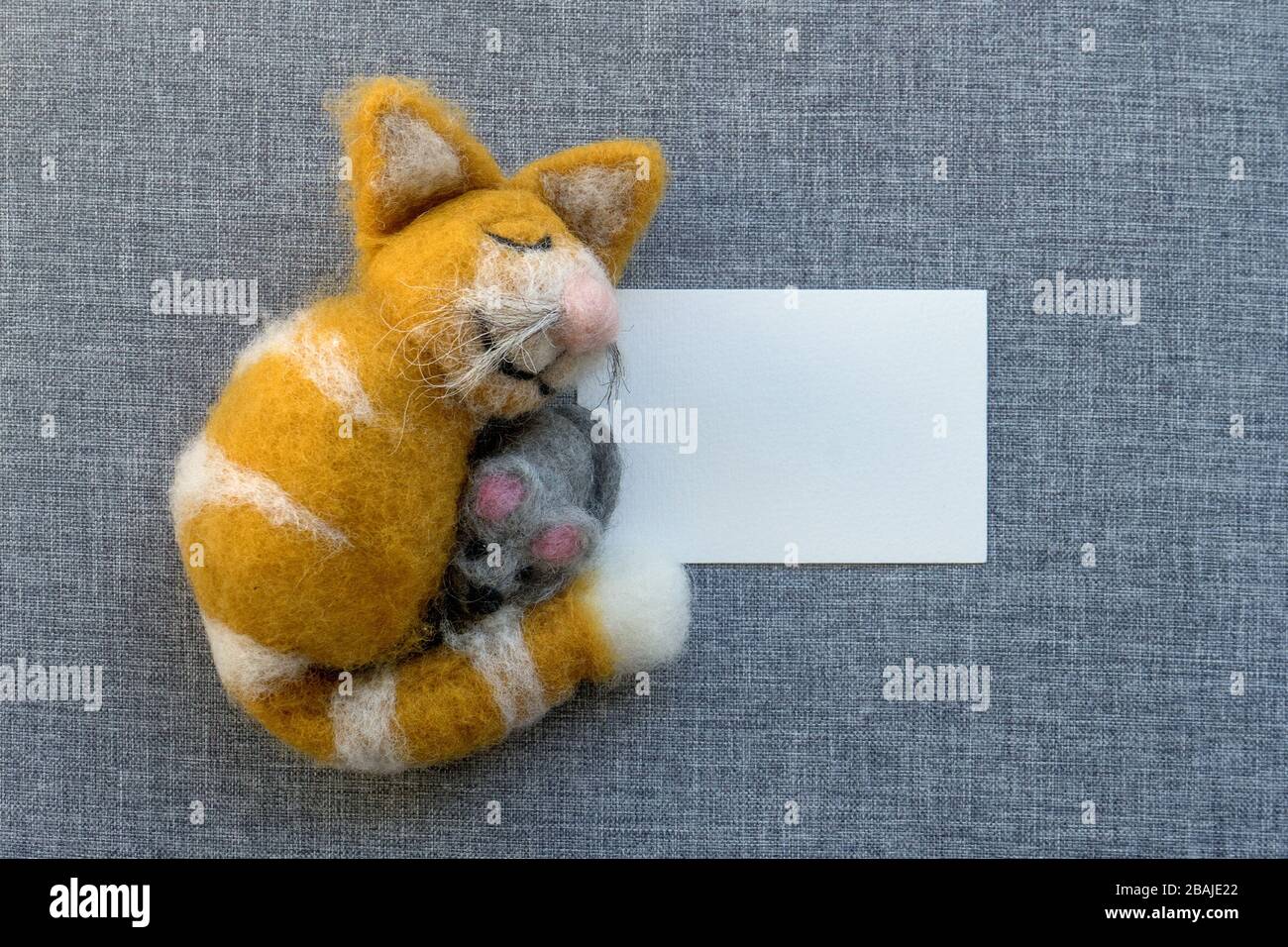 Ein schlafender, glücklicher Tomcat hält eine Maus in seinen Armen Stockfoto