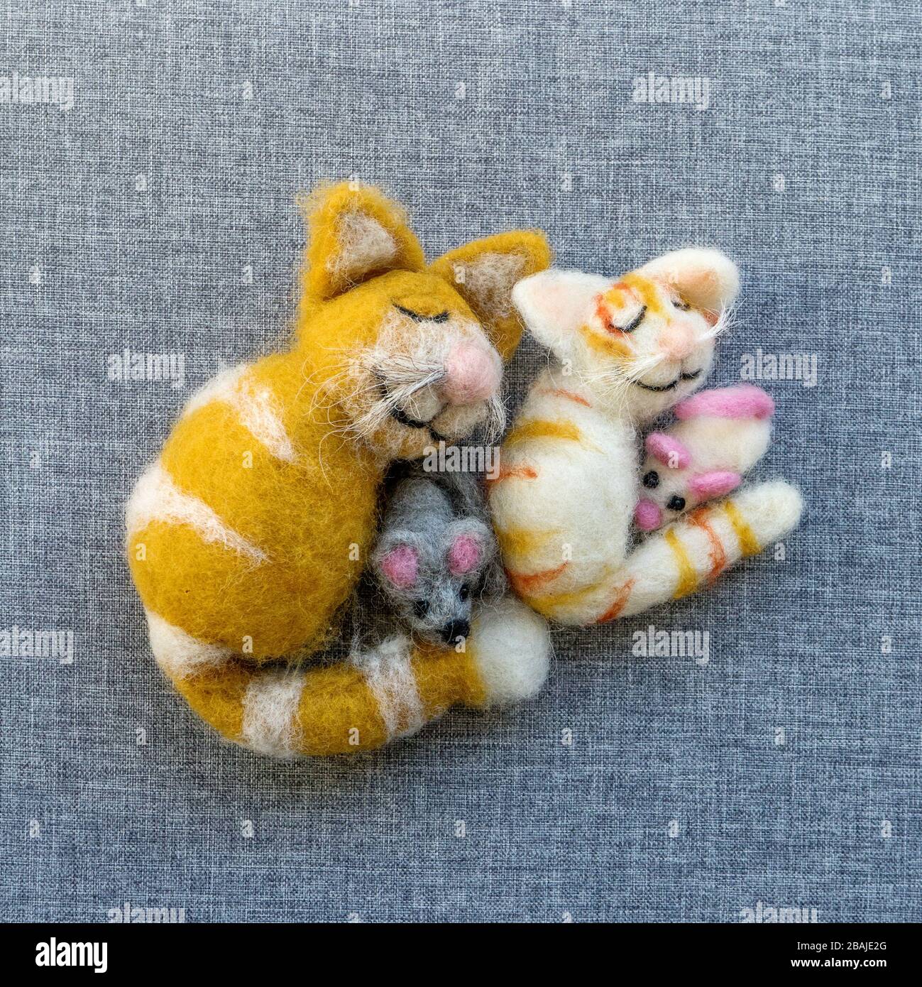 Ein schlafendes, lächelndes Paar Katzen hält zwei kleine Mäuse in den Armen Stockfoto