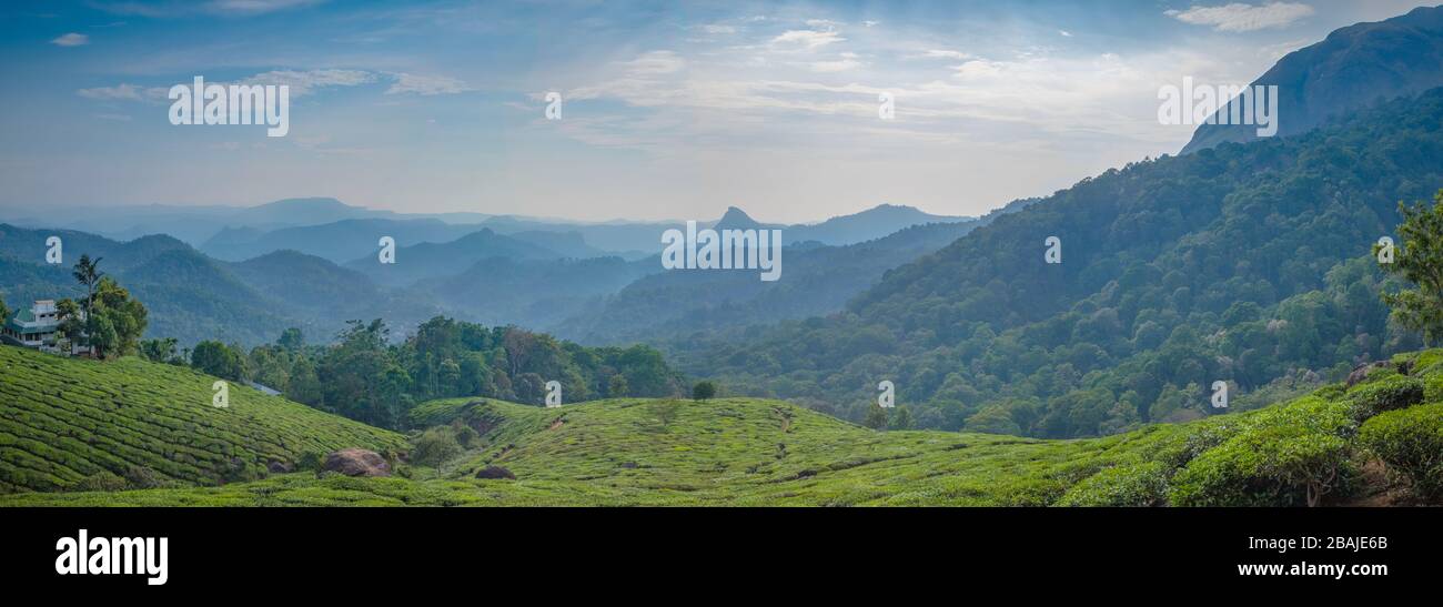 Panoramablick auf den Chithirapuram View Point. Während eines sonnigen Frühlingsmorgens in der Nähe von Munnar, Kerala, Indien eingenommen Stockfoto
