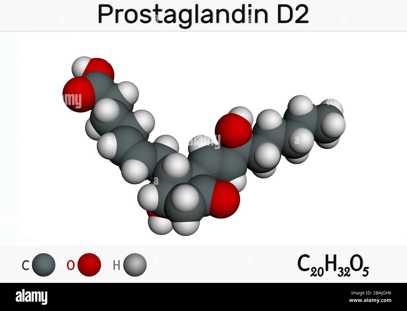 Prostaglandin D2, PGD2, Prostaglandin, C20H32O5-Molekül. Molekularmodell. 3D-Rendering Stockfoto