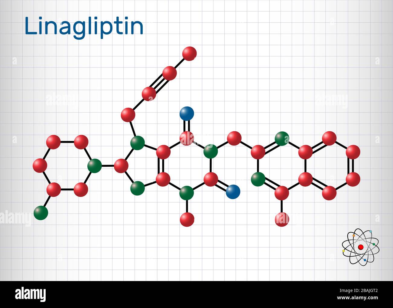 Linagliptin, C25H28N8O2-Molekül. Es handelt sich um DPP-4-Hemmer, der zur Behandlung von Typ-II-Diabetes verwendet wird. Strukturelle chemische Formel und Molekularmodell. S Stock Vektor