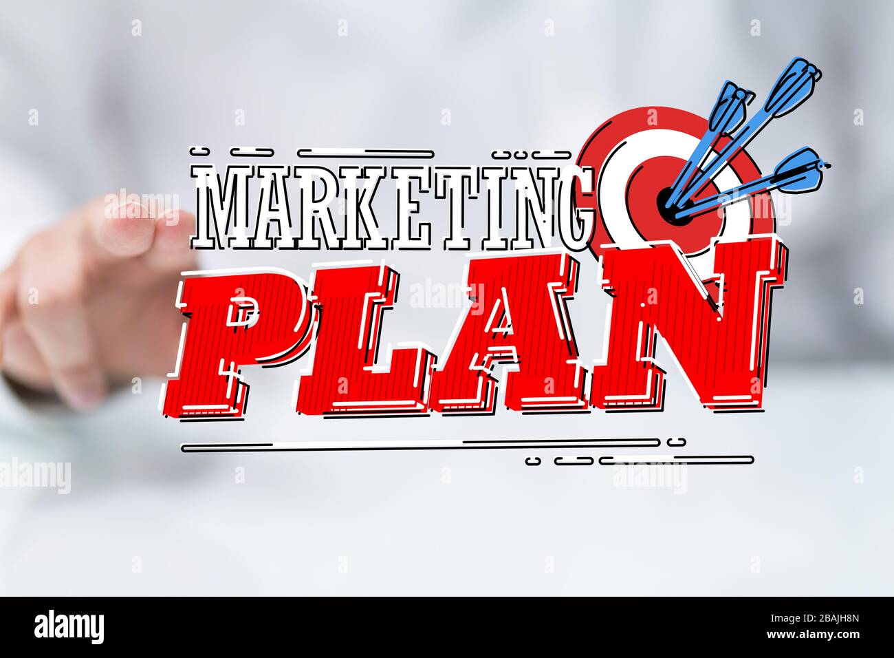 Ein Pfeil, der in die Zielmitte der Dartscheibe auf trifft Bullseye Stockfoto