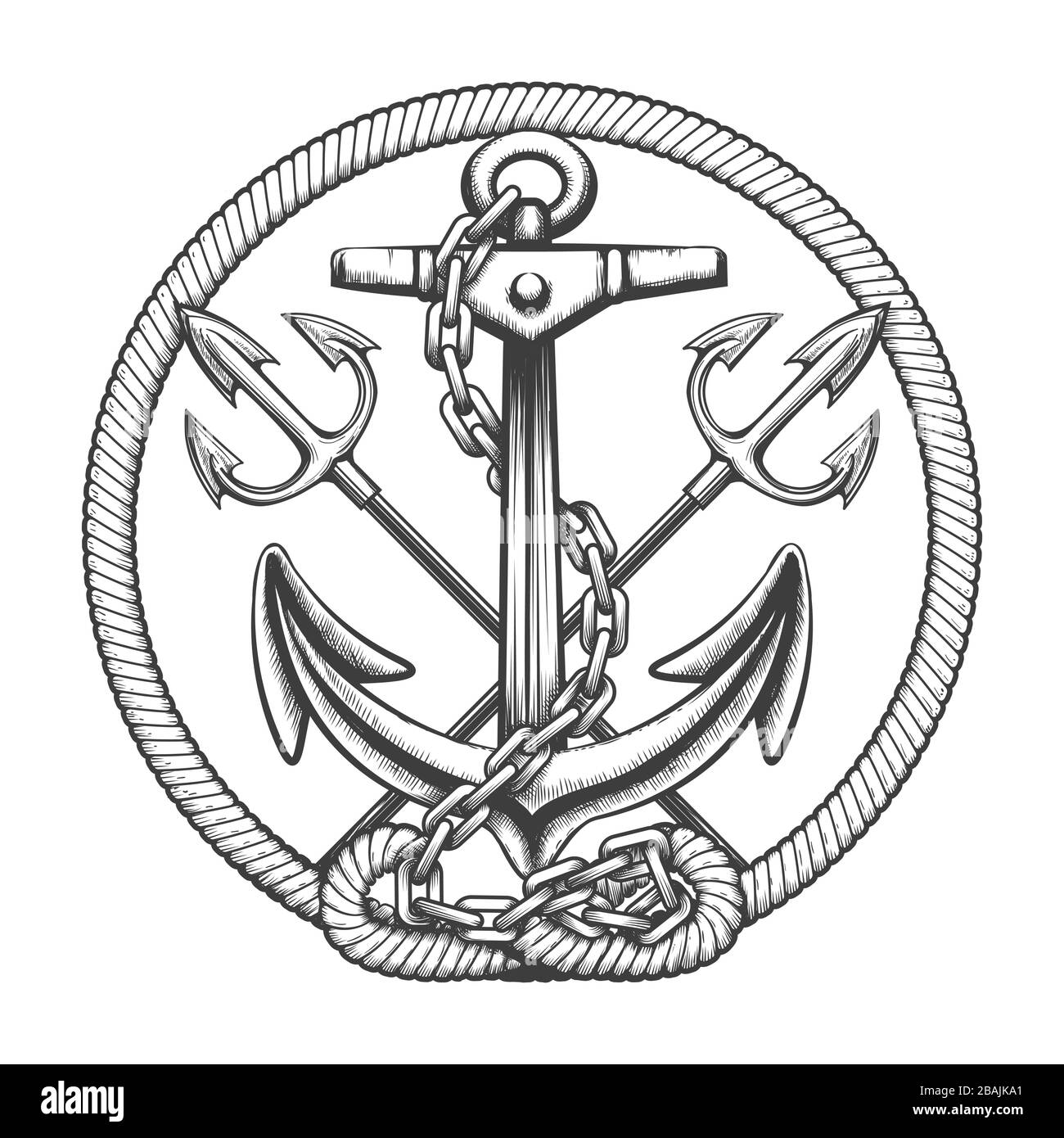 Anker mit Ketten und zwei Tridents nautisches Emblem im Gravurstil. Vektorgrafiken. Stock Vektor