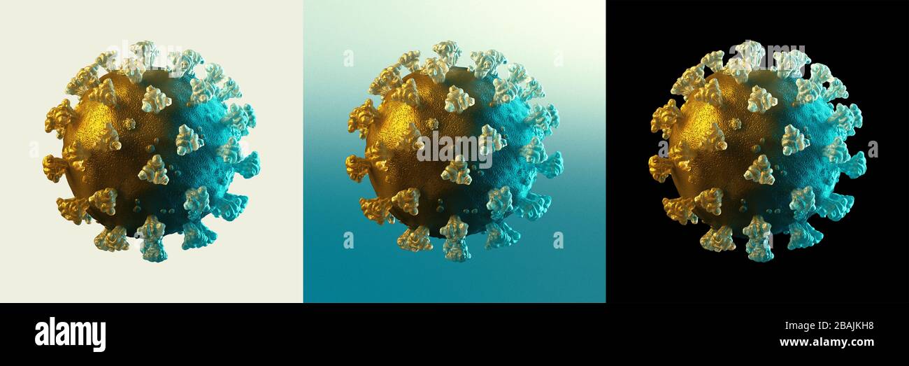 Mikroskopische Ansicht des Coronavirus. Schwimmende Grippeviruszellen. Gefährlicher asiatischer NCOV-Corona-Virus, Alphakanal. 3D-Rendering-Konzept Stockfoto