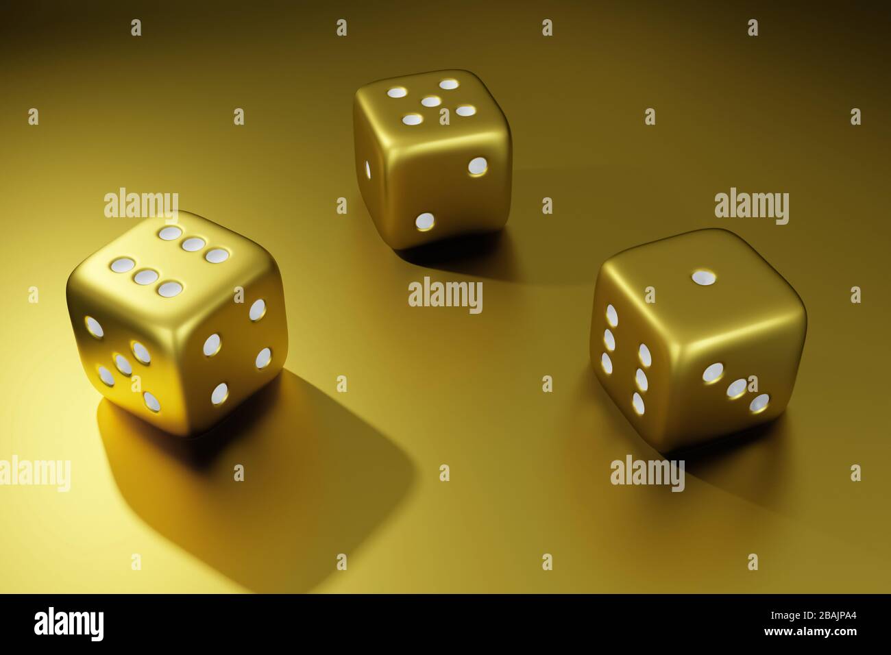 Satz goldener Würfelwürfel mit weißem Punkt. 3D-Rendering. Glückszahlen. Anzahl Spiele. Stockfoto