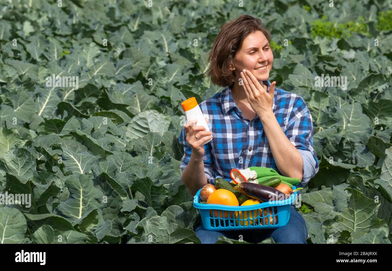 Frau, die an einem sonnigen Tag auf einem landwirtschaftlichen Feld arbeitet und ihre Haut mit Sonnenschutzmittel vor der Sonne schützt. Frau hält einen Korb mit eingesammeltem Gemüse auf dem Schoß Stockfoto