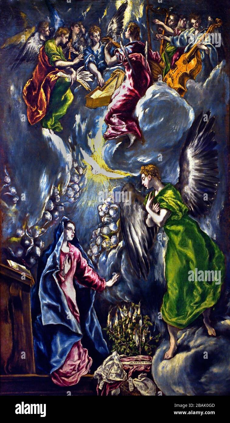 Die Verkündigung 1596 El Greco (Domenikos Theotokópoulos) 1541- 1614, 17.,Jahrhundert, Spanien, Spanisch, Griechisch, Griechenland, Verkündigung, Selig, Jungfrau Maria, die Ankündigung durch den Engel Gabriel, Maria, dass sie schwanger werden, einen Sohn durch eine, jungfräuliche Geburt, die, Mutter von Jesus Christus, christlichen Messias und Sohn Gottes, Menschwerdung, Stockfoto