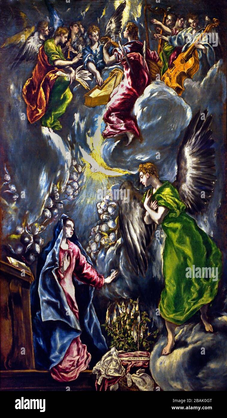 Die Verkündigung 1596 El Greco (Domenikos Theotokópoulos) 1541- 1614, 17.,Jahrhundert, Spanien, Spanisch, Griechisch, Griechenland, Verkündigung, Selig, Jungfrau Maria, die Ankündigung durch den Engel Gabriel, Maria, dass sie schwanger werden, einen Sohn durch eine, jungfräuliche Geburt, die, Mutter von Jesus Christus, christlichen Messias und Sohn Gottes, Menschwerdung, Stockfoto