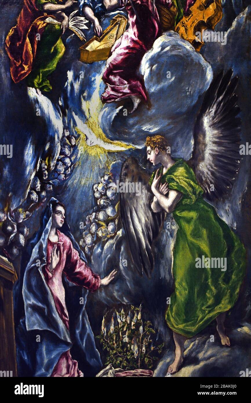 Die Verkündigung 1596 El Greco (Domenikos Theotokópoulos) 1541- 1614, 17.,Jahrhundert, Spanien, Spanisch, Griechisch, Griechenland, Verkündigung, Selig, Jungfrau Maria, die Ankündigung durch den Engel Gabriel, Maria, dass sie schwanger werden, einen Sohn durch eine, jungfräuliche Geburt, die, Mutter von Jesus Christus, christlichen Messias und Sohn Gottes, Menschwerdung, Stockfoto