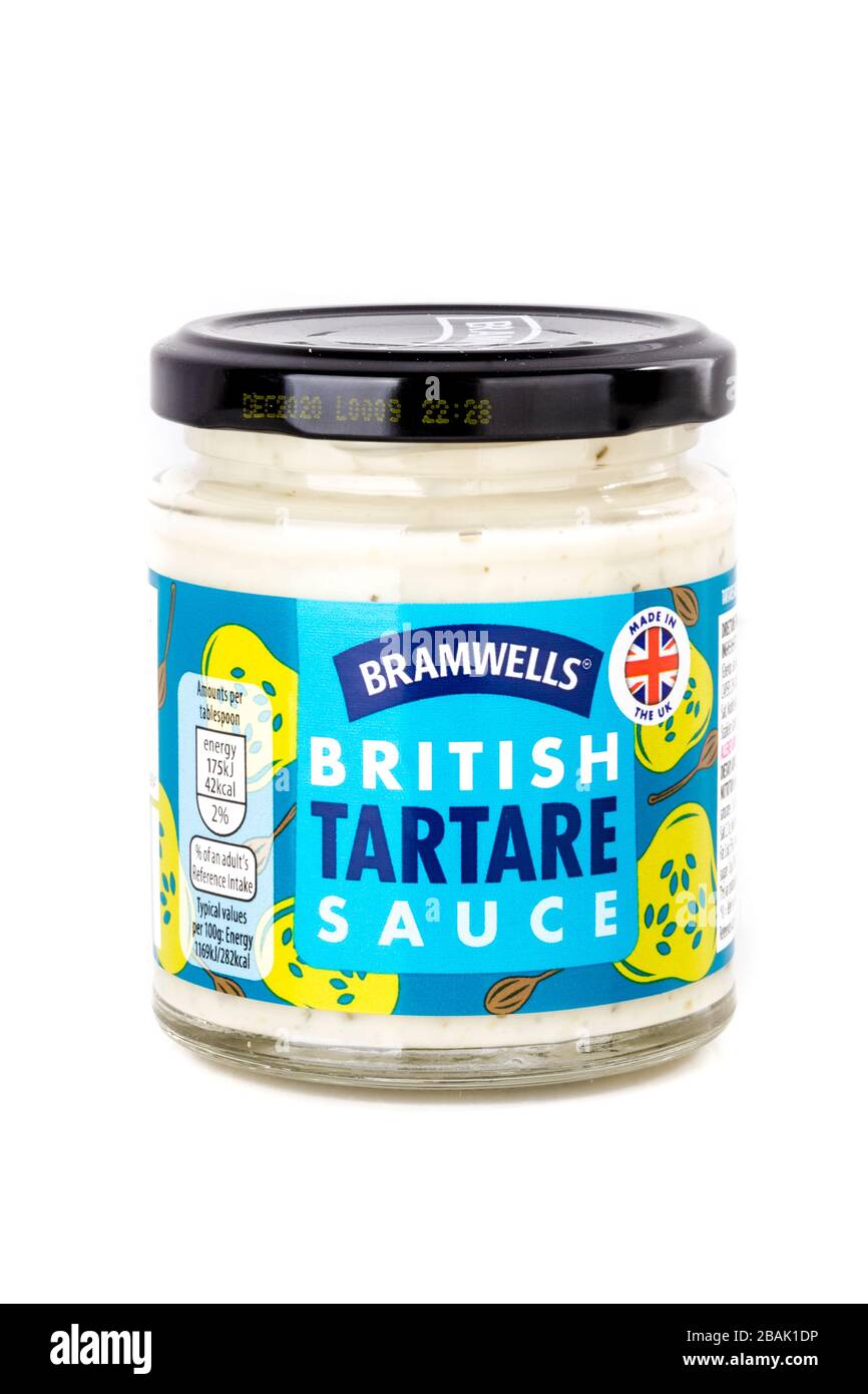 Bramwells britische Tataresauce, Tataresauce, Bramwells Tataresauce, Glas, Tatar, Sauce, Bramwells, weißer Hintergrund, Kopierraum, isoliert, Stockfoto