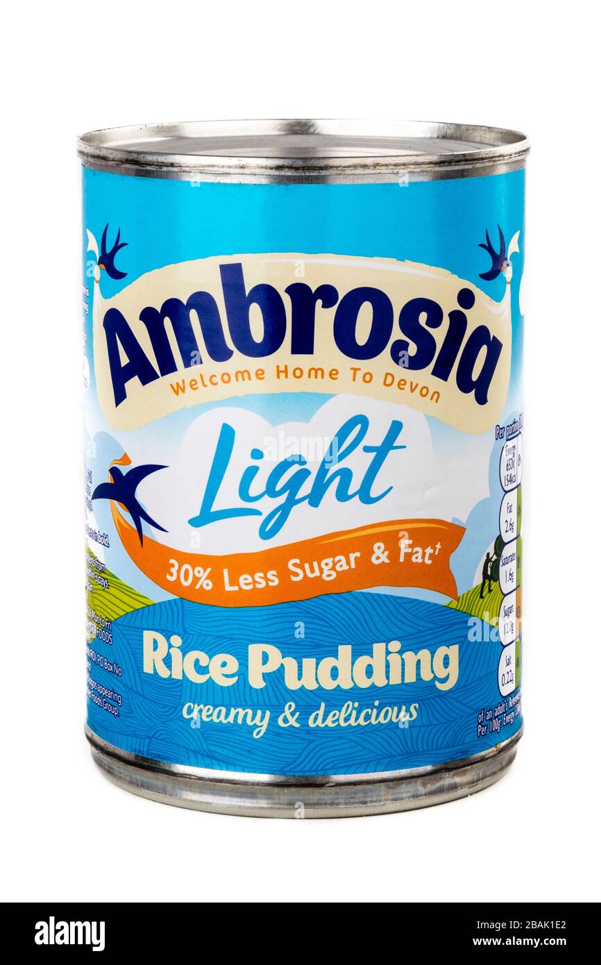 ambrosia-reispudding, Ambrosie, Reispudding, Dessert, Dose, Zinn, verzinnt, Logo, Produkt, Ausschnitt, weißer Hintergrund, Ambrosia-Lichtreispudding Stockfoto