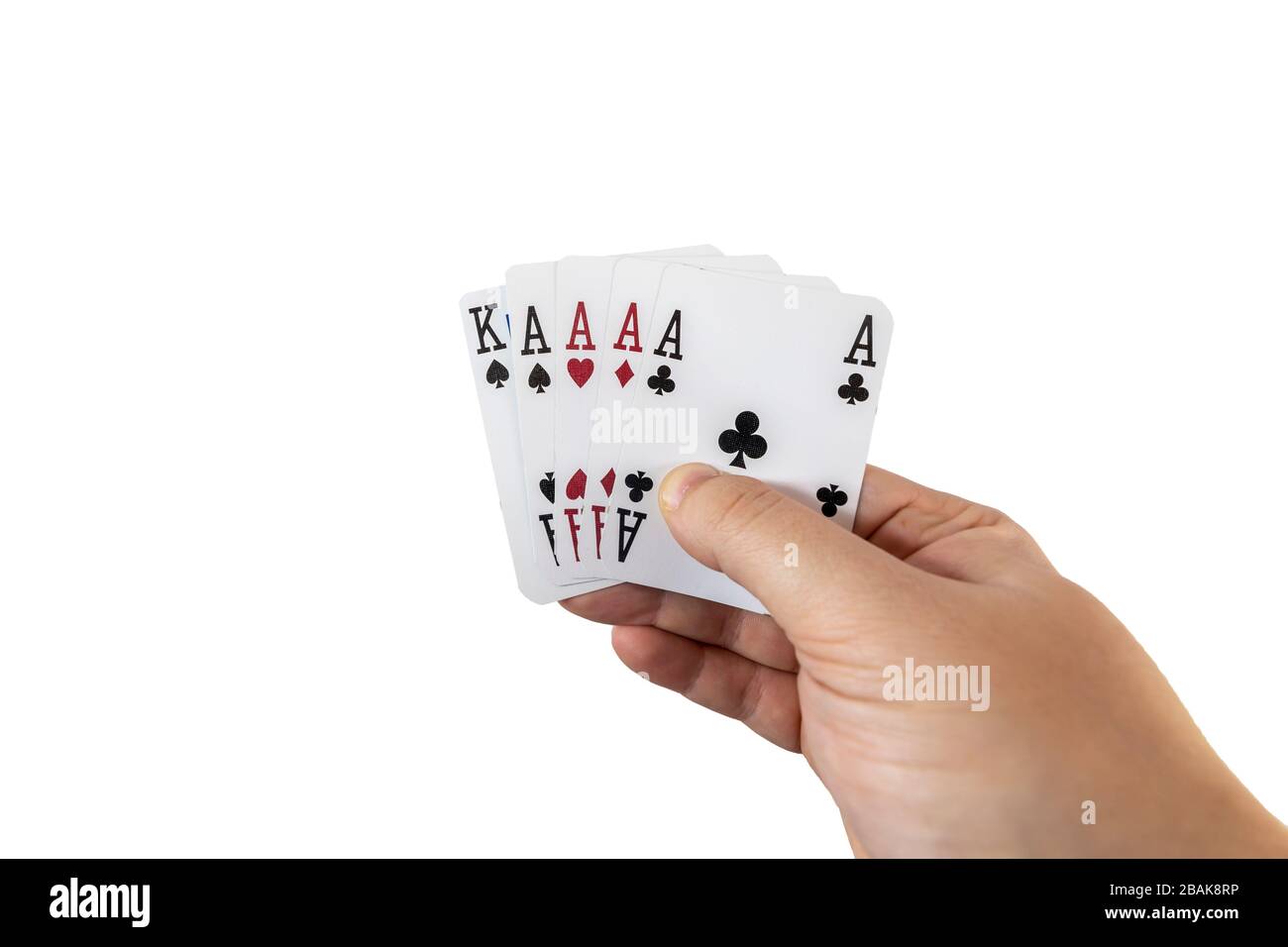 POV-Ansicht eines Mannes, der Spielkarten in seinen Händen hält, isoliert auf weißem Hintergrund. Spielkonzept. Stockfoto