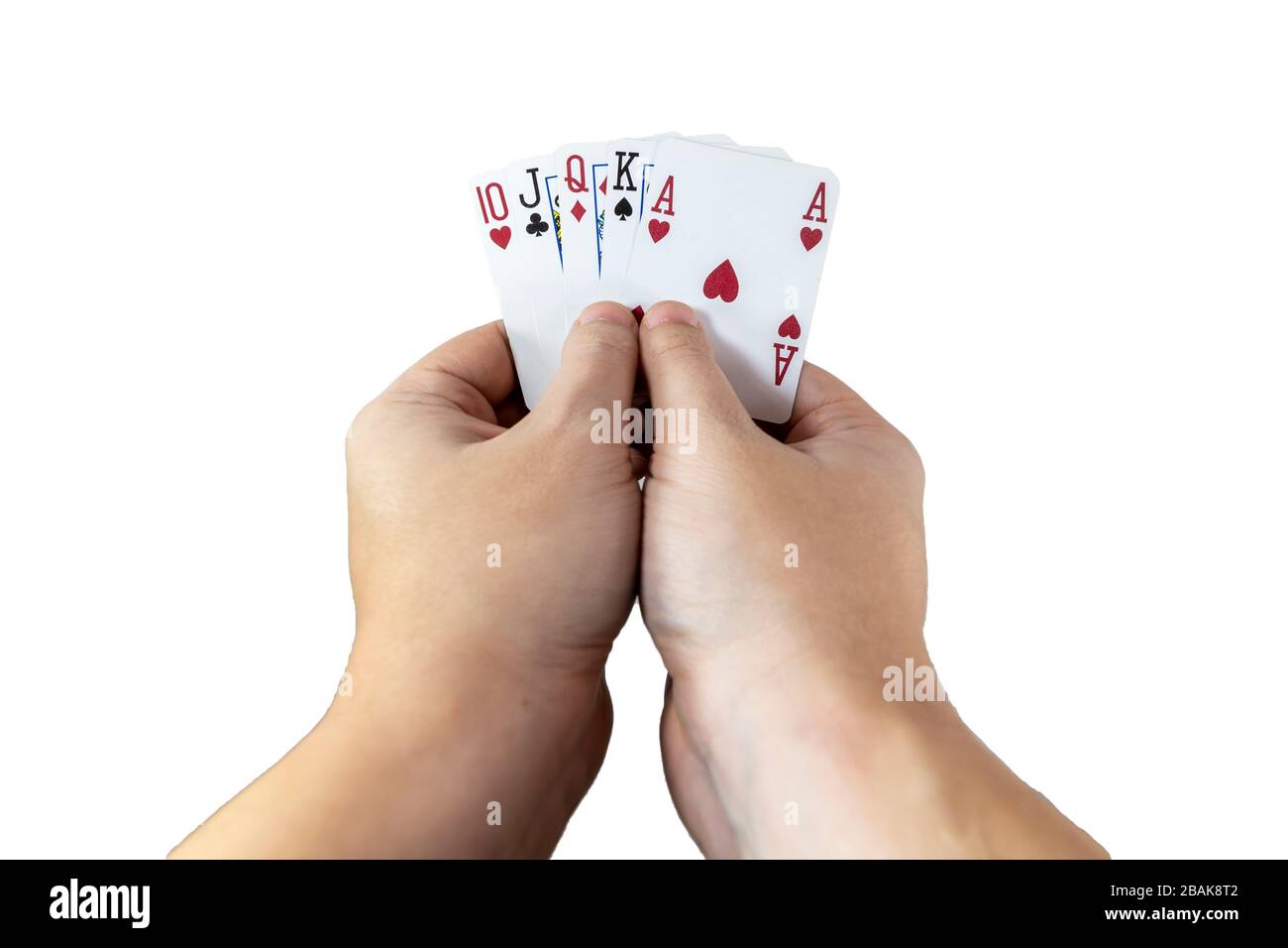 POV-Ansicht eines Mannes, der Spielkarten in seinen Händen hält, isoliert auf weißem Hintergrund. Spielkonzept. Stockfoto