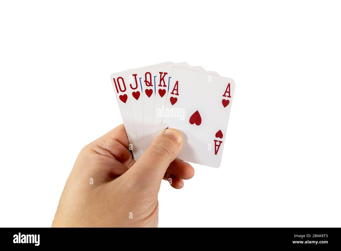 POV-Ansicht eines Mannes, der Spielkarten in seinen Händen hält, isoliert auf weißem Hintergrund. Spielkonzept. Stockfoto