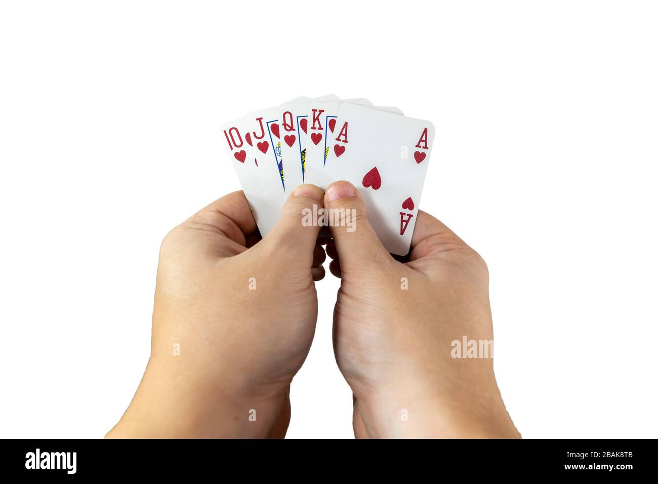 POV-Ansicht eines Mannes, der Spielkarten in seinen Händen hält, isoliert auf weißem Hintergrund. Spielkonzept. Stockfoto