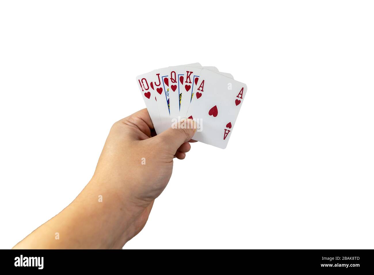 POV-Ansicht eines Mannes, der Spielkarten in seinen Händen hält, isoliert auf weißem Hintergrund. Spielkonzept. Stockfoto