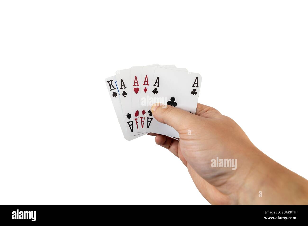 POV-Ansicht eines Mannes, der Spielkarten in seinen Händen hält, isoliert auf weißem Hintergrund. Spielkonzept. Stockfoto